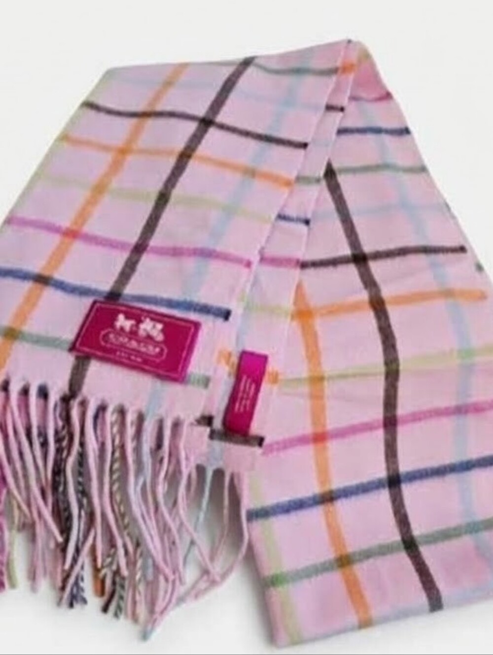 COACH Pink Tattersall Plaid 100% Cashmere Fringed Scarf | NWOT